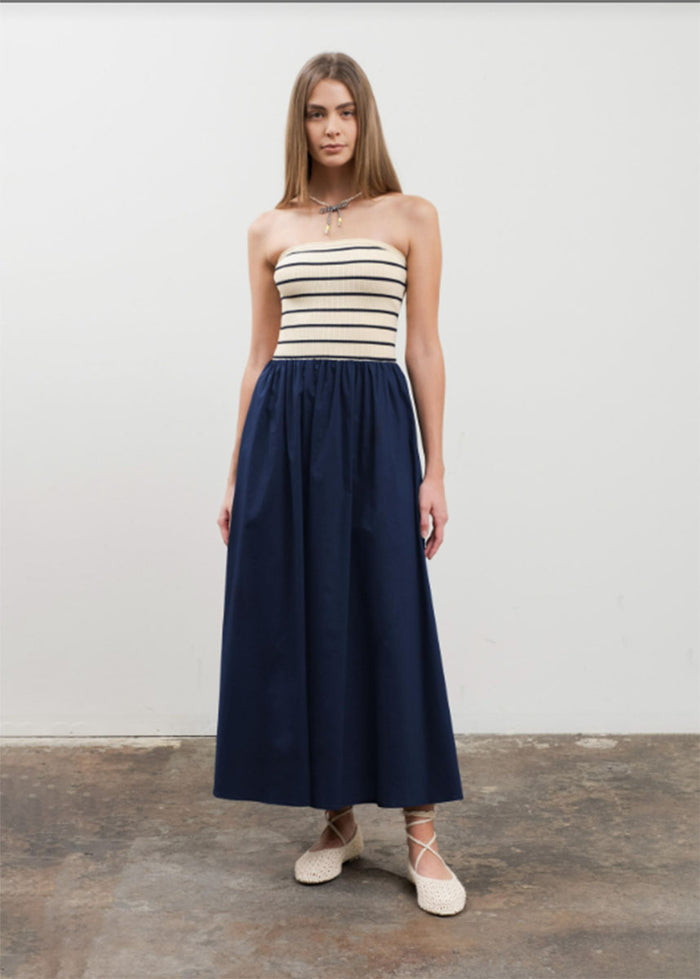 Marren Strapless Striped Midi Dress - Navy
