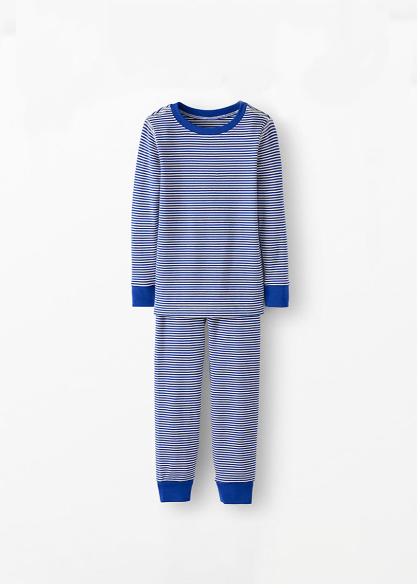 Kids Long John Pajama Set In HannaSoft - Dark Blue Stripe