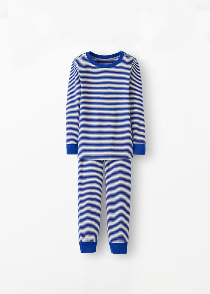Kids Long John Pajama Set In HannaSoft - Dark Blue Stripe