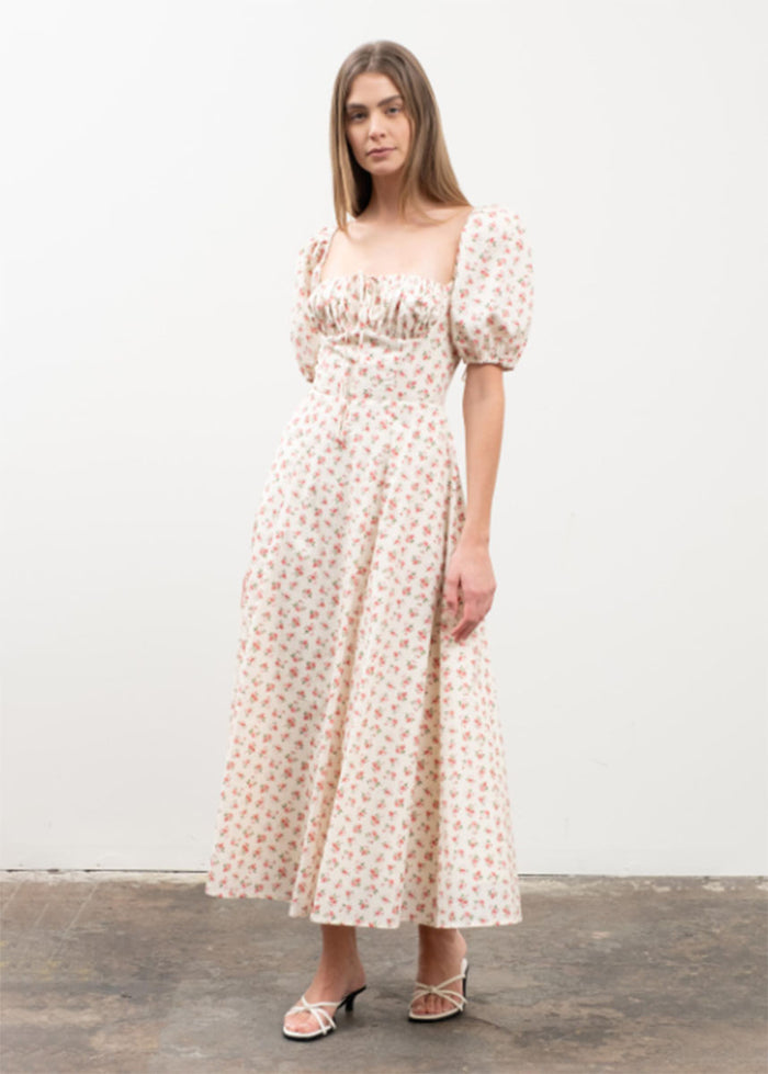 Agatha Sweetheart Puff Sleeve Midi Dress - Ivory Multi