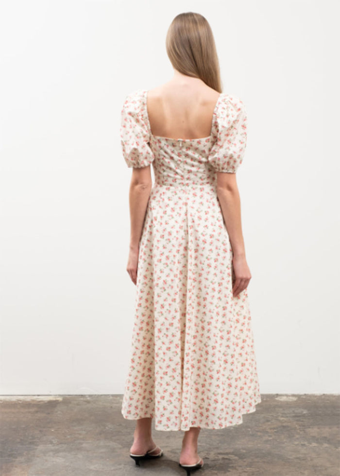 Agatha Sweetheart Puff Sleeve Midi Dress - Ivory Multi