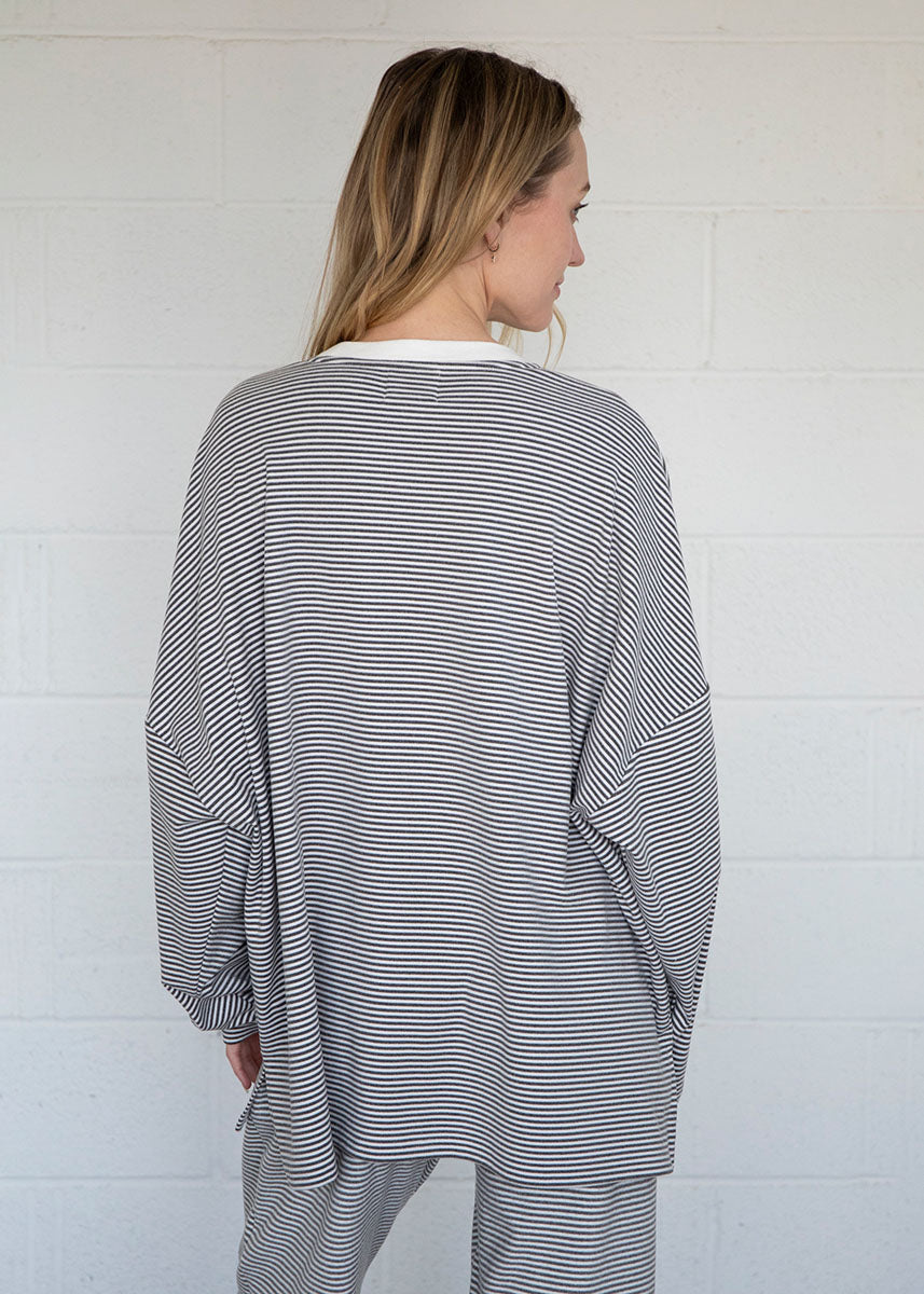 Dani Striped Fleece Oversized Top - Charcoal