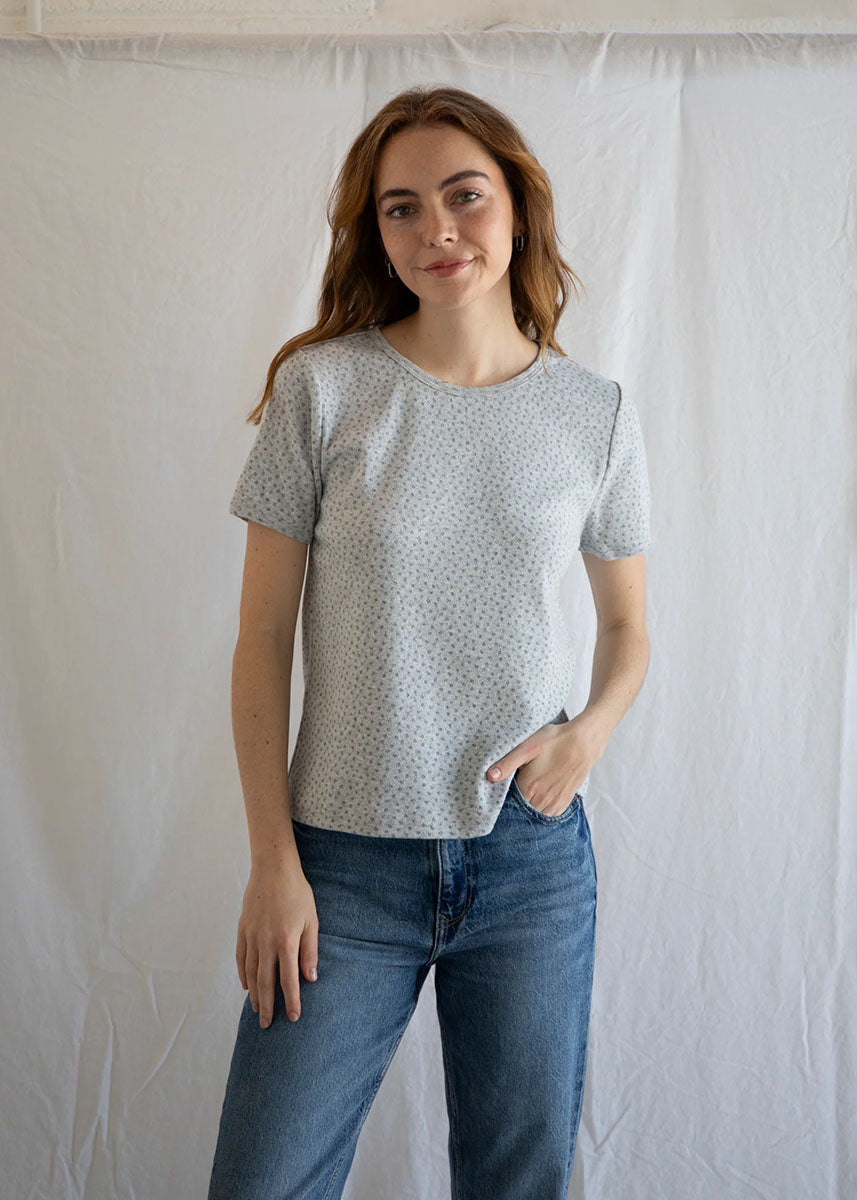 Ditsy Floral Pointelle Top - Heather Grey