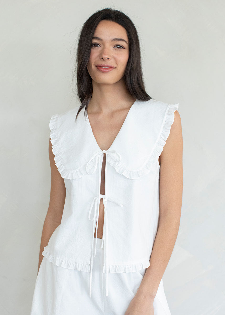 June Ruffle Collar Tie Top - White