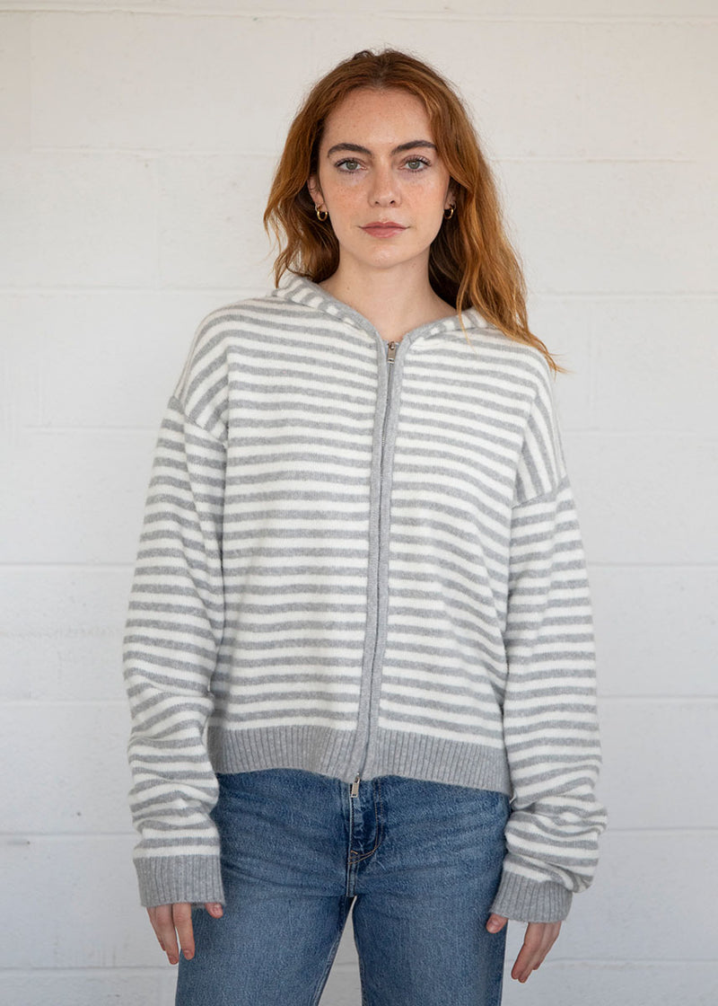 Brette Striped Zipper Hoodie - Grey