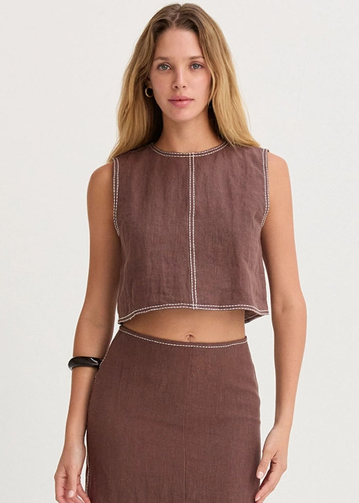 Kiara Embroidered Stitch Crop Top - Brown