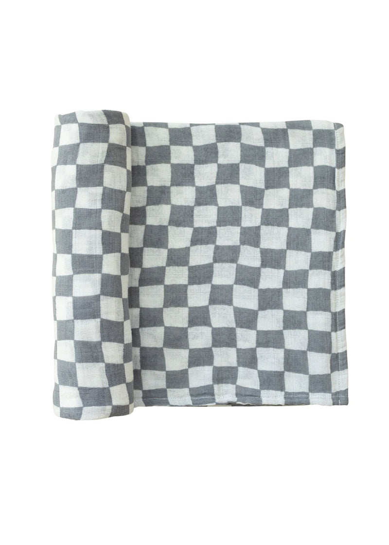 Dusty Blue Wavy Checkered Muslin Swaddle Blanket