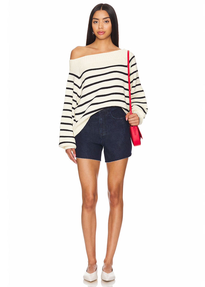 Coralie Striped Off-Shoulder Sweater - Black & Antique White