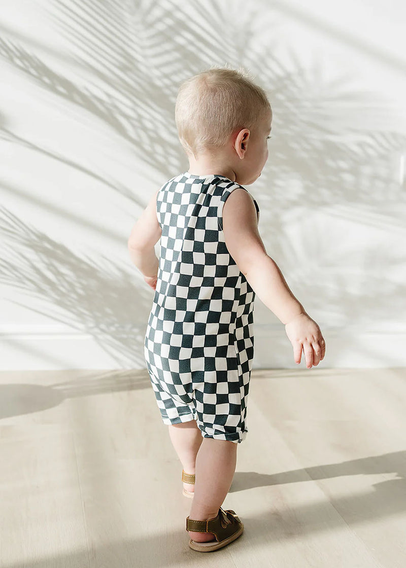 Charcoal Wavy Checkered Short Romper