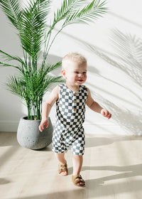 Charcoal Wavy Checkered Short Romper