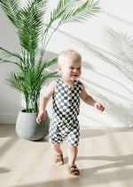 Charcoal Wavy Checkered Short Romper