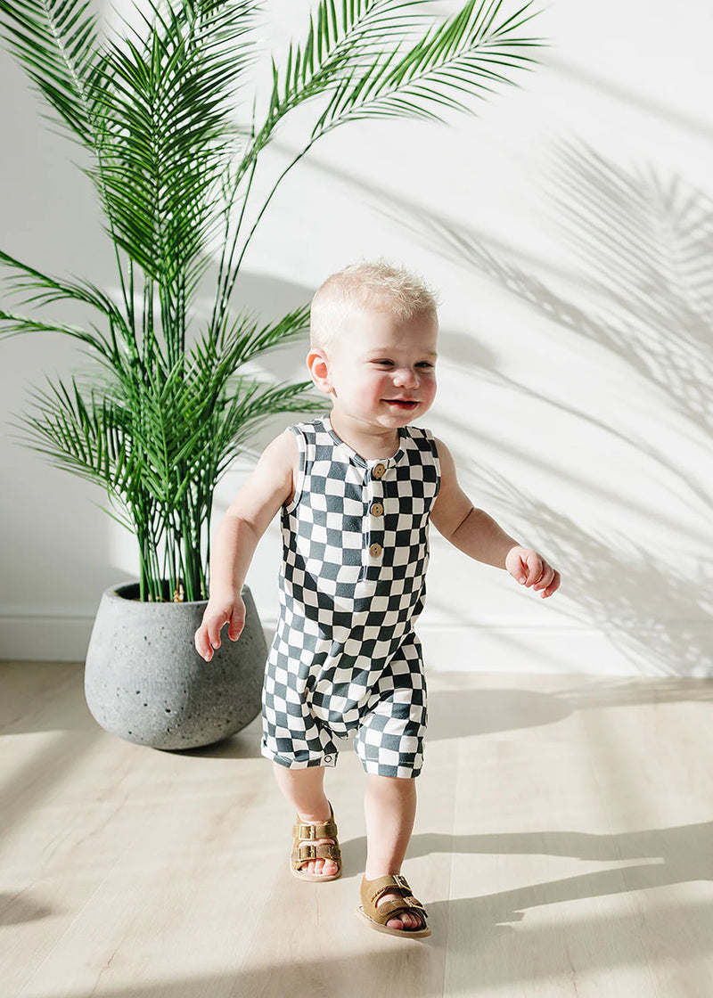 Charcoal Wavy Checkered Short Romper