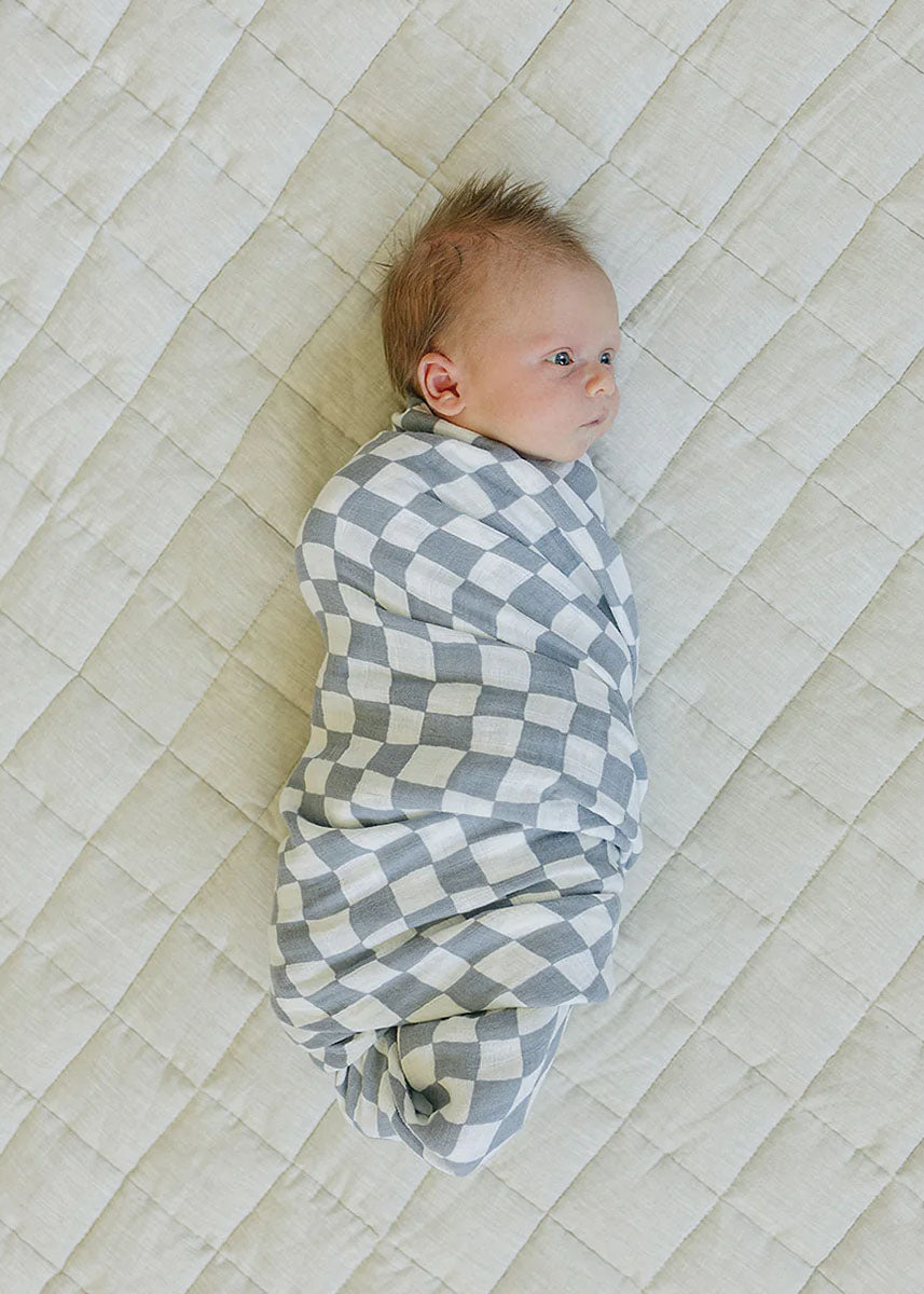 Dusty Blue Wavy Checkered Muslin Swaddle Blanket