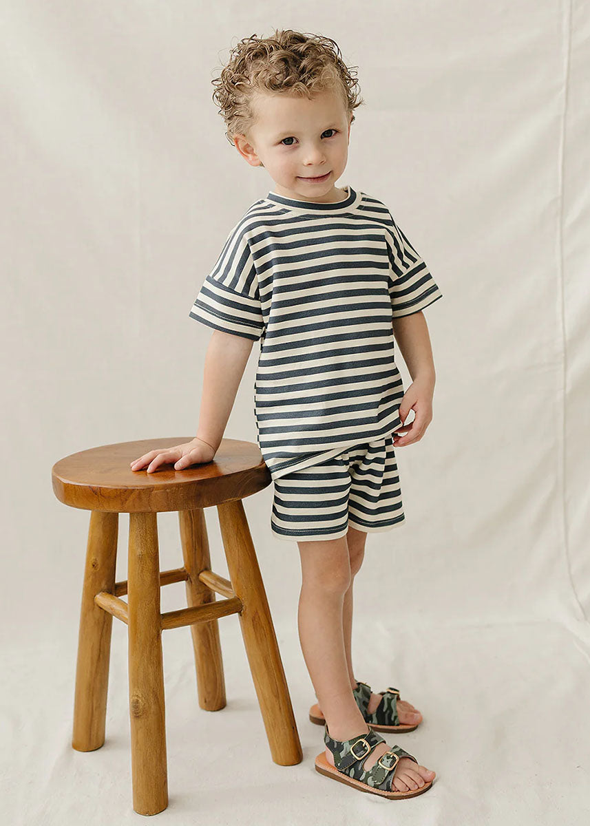 Navy Stripe Button Short Set