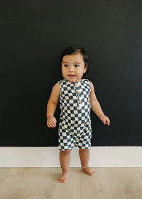 Charcoal Wavy Checkered Short Romper