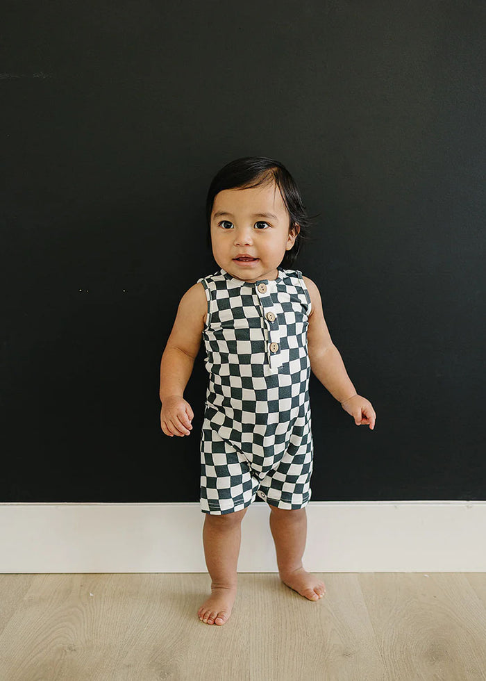 Charcoal Wavy Checkered Short Romper