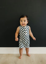 Charcoal Wavy Checkered Short Romper