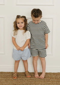 Navy Stripe Button Short Set
