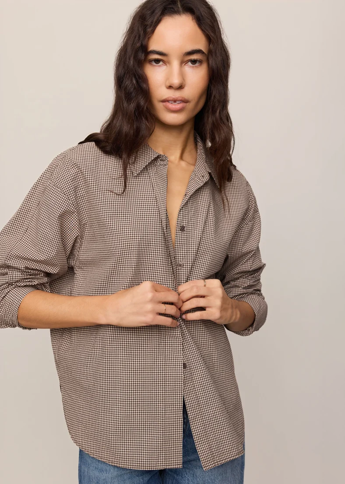 On Duty Gingham Button Up Top - Dark Chocolate