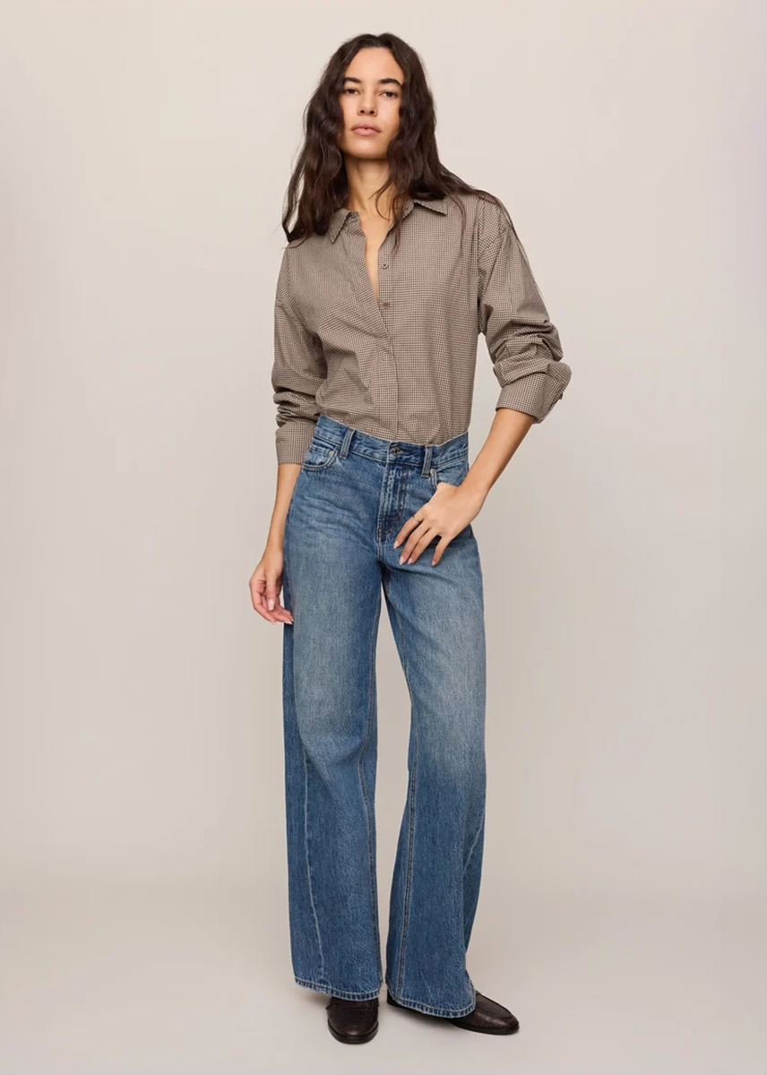 On Duty Gingham Button Up Top - Dark Chocolate