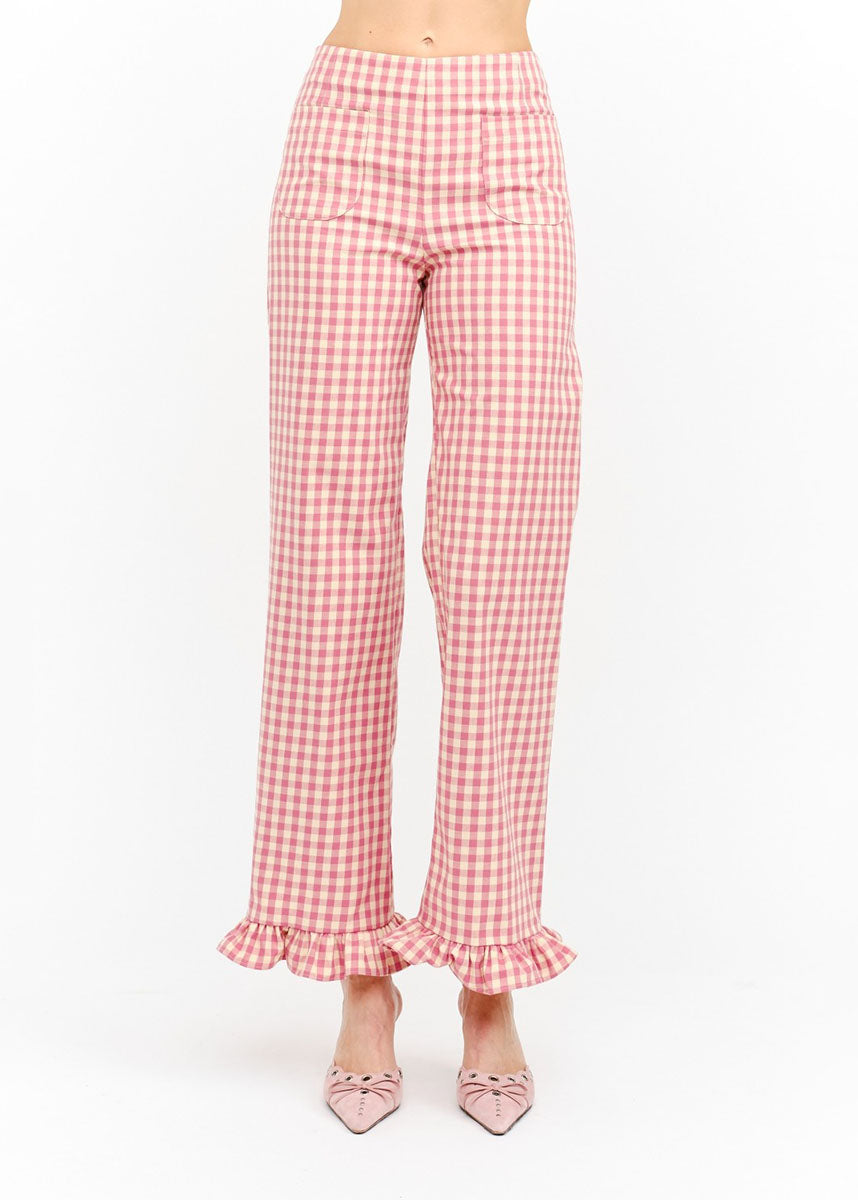 Paloma Straight Ruffle Gingham Pant - Pink