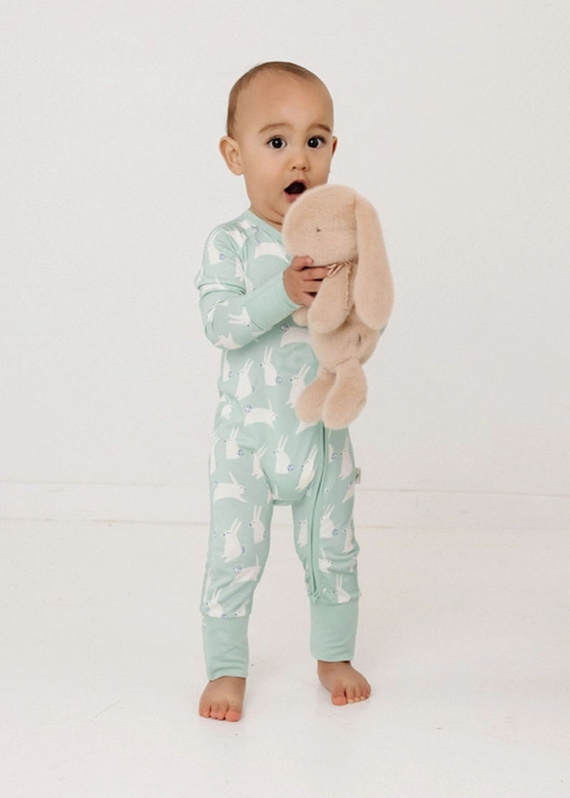 Mint Bunny Fold-Over Zipper Footie