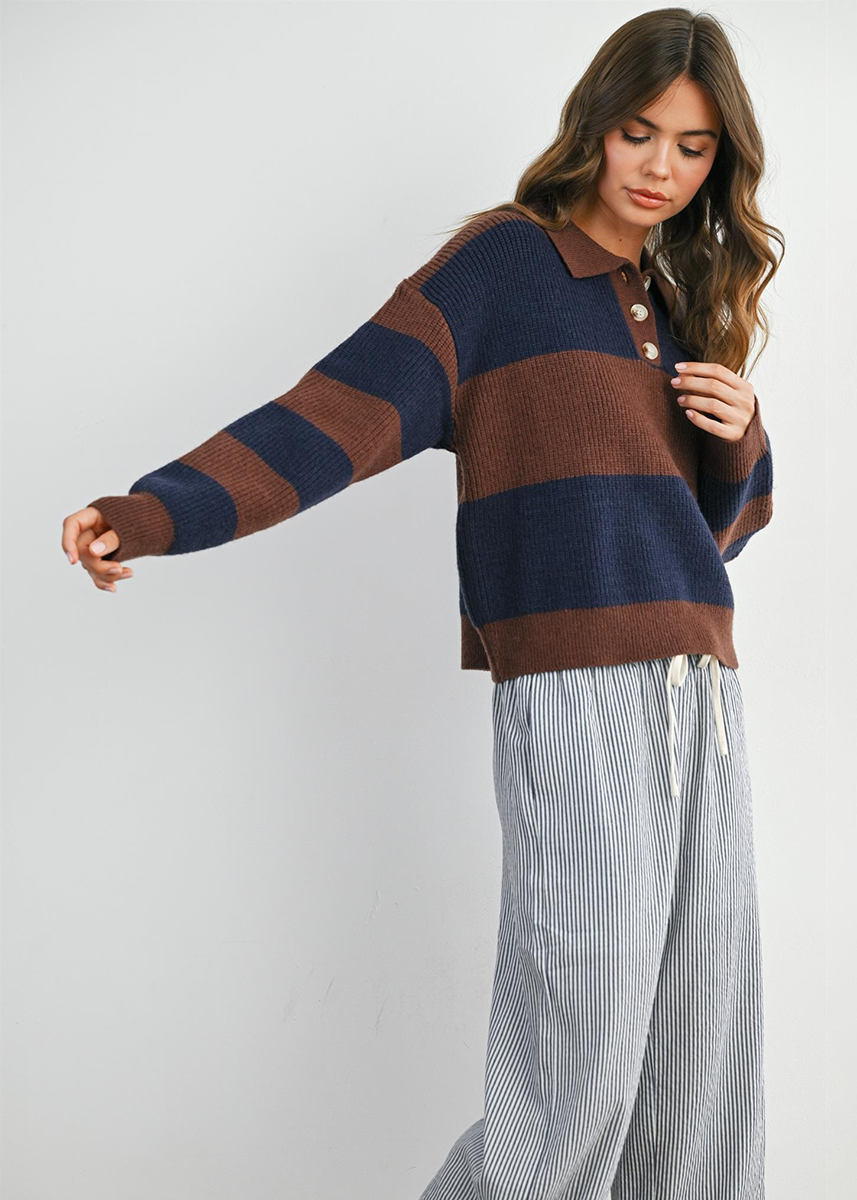 Myla Collared Sweater - Brown & Navy