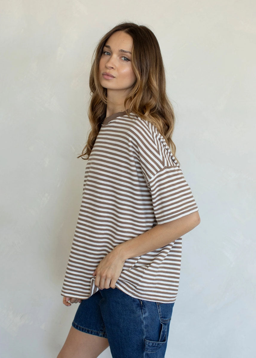 Striped Slub Oversized Tee - Taupe
