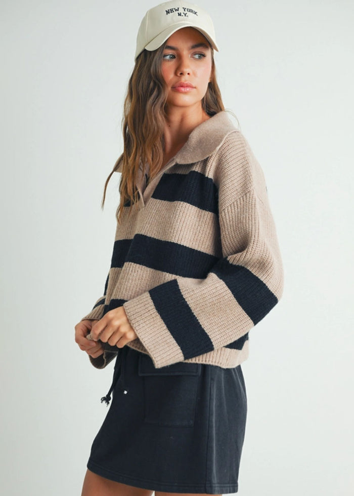 Beck Striped Wide Collar Sweater - Taupe & Black