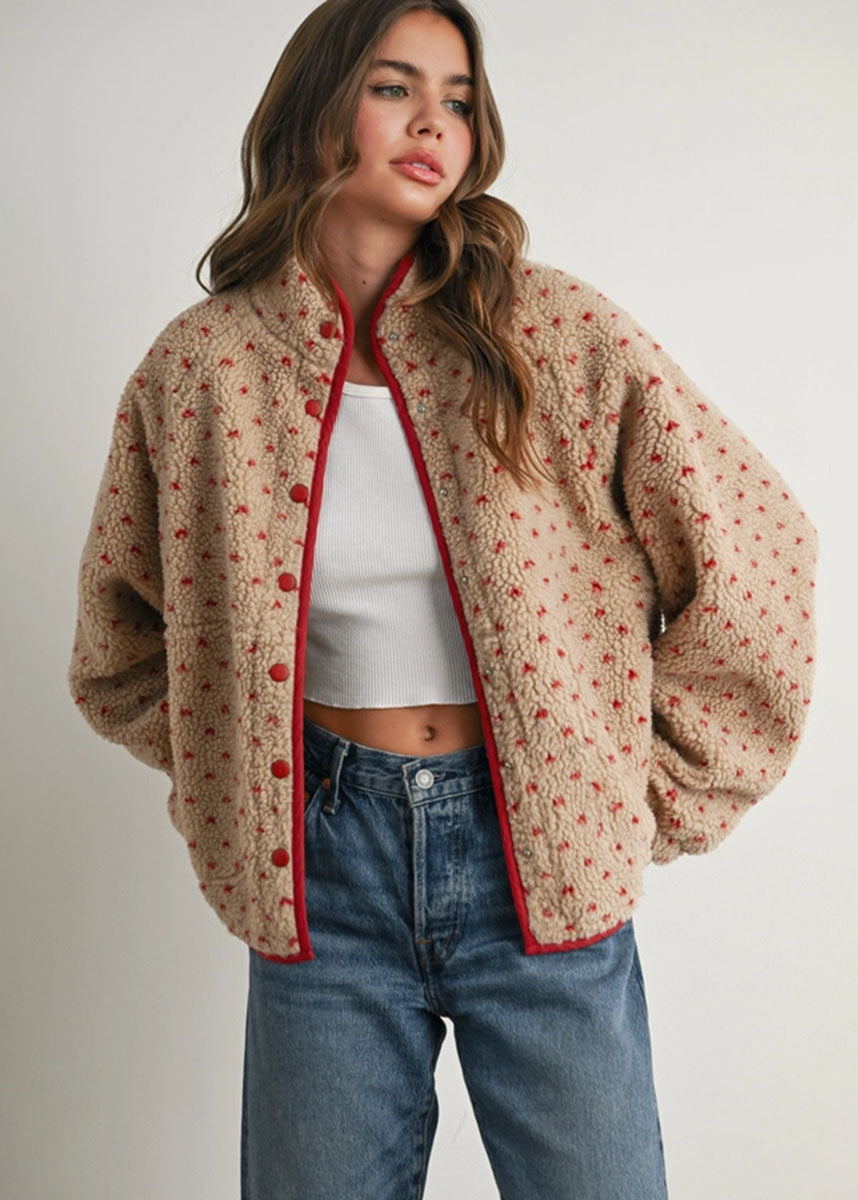 Pippa Fleece Puffer Jacket - Taupe & Red