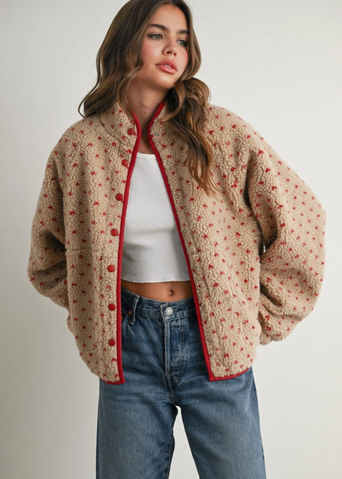 Pippa Fleece Puffer Jacket - Taupe & Red