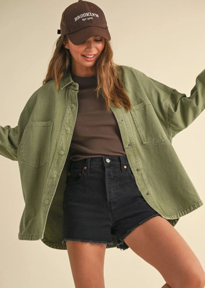 Shirley Washed Denim Snap Shacket - Olive