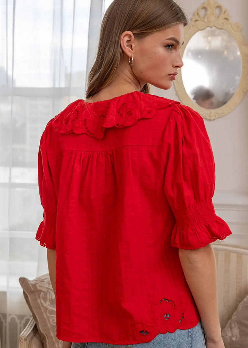 Mazie Embroidered Collar Blouse - Red