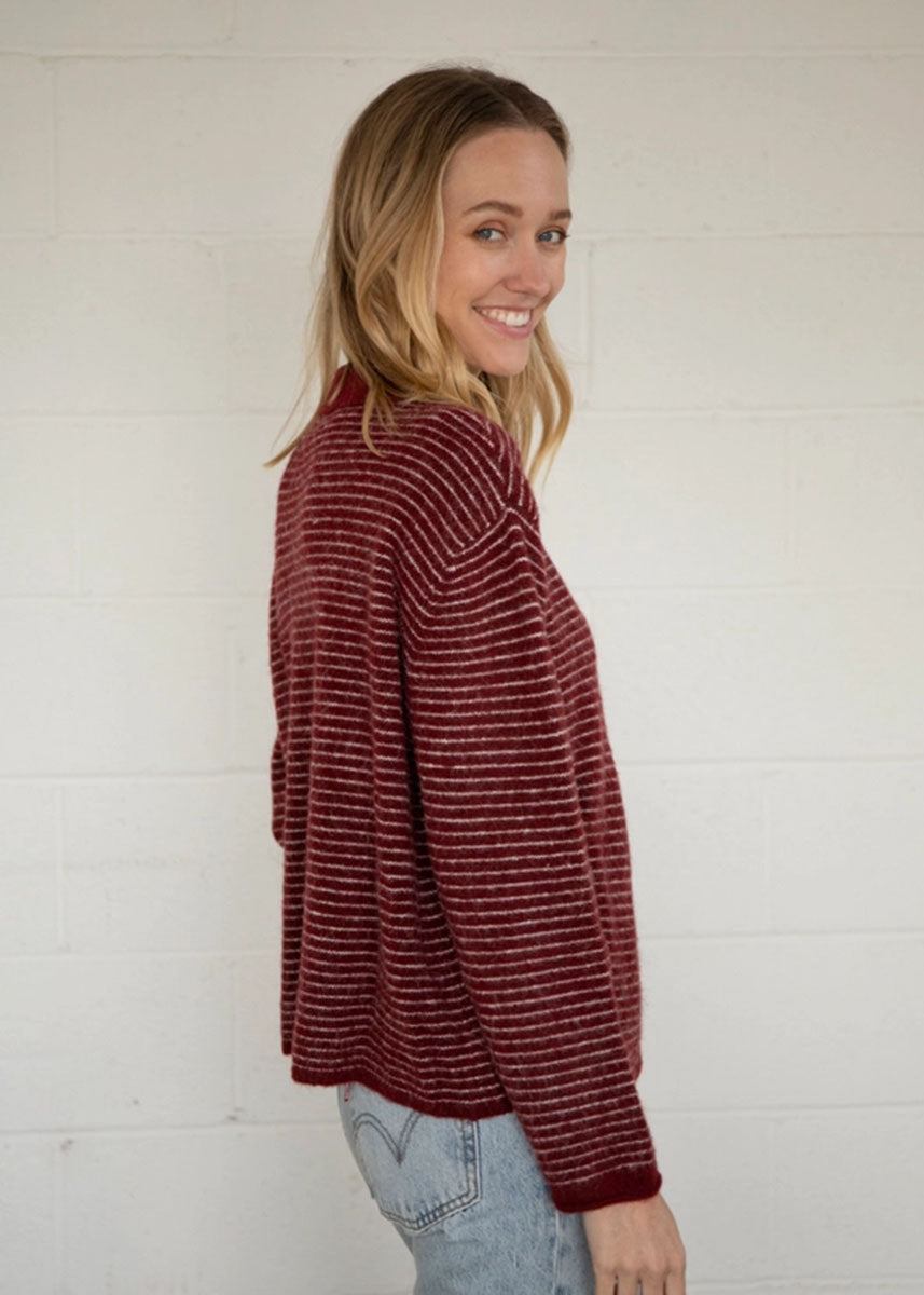 Jace Stripe Knit Polo Pullover - Wine