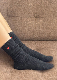 Heart Embroidered Snow Socks - Black