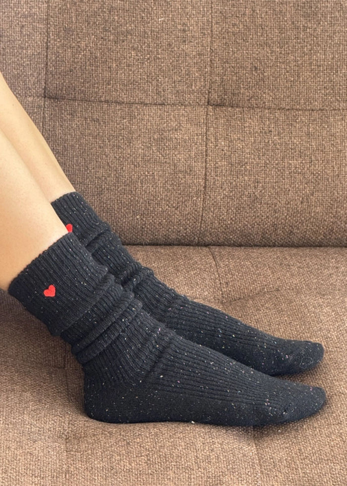 Heart Embroidered Snow Socks - Black