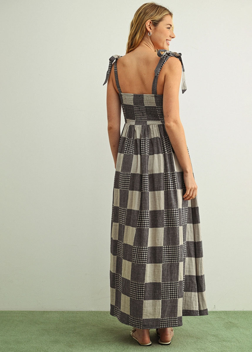 Nicole Gingham Patchwork Maxi Dress - Navy
