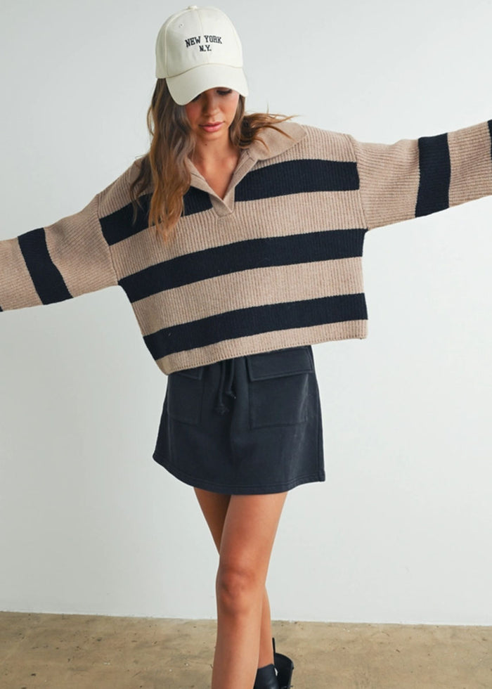 Beck Striped Wide Collar Sweater - Taupe & Black