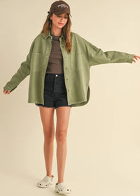 Shirley Washed Denim Snap Shacket - Olive
