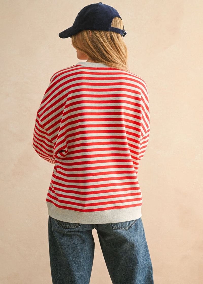 Freya Striped Knit Pullover - Red & Heather Grey