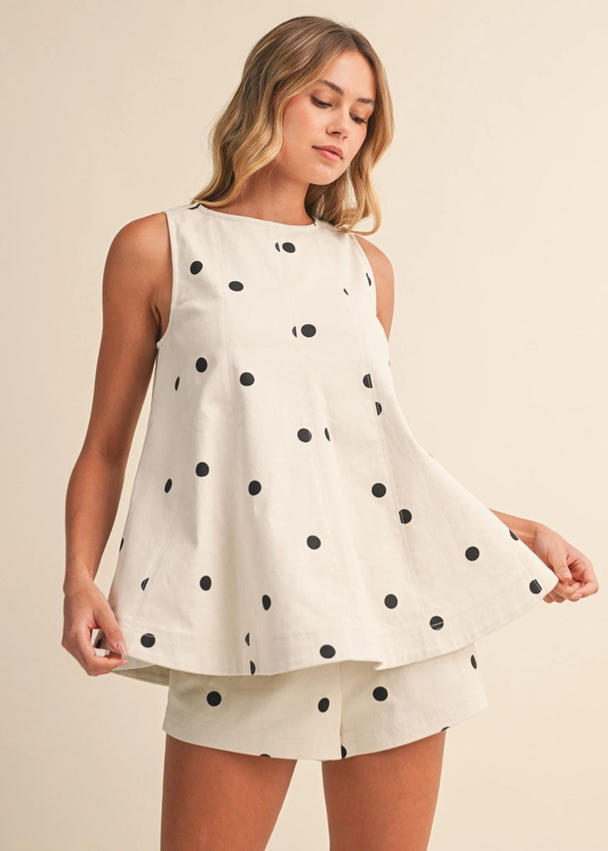 Haylie Polka Dot Tank & Shorts Set - Ivory & Black