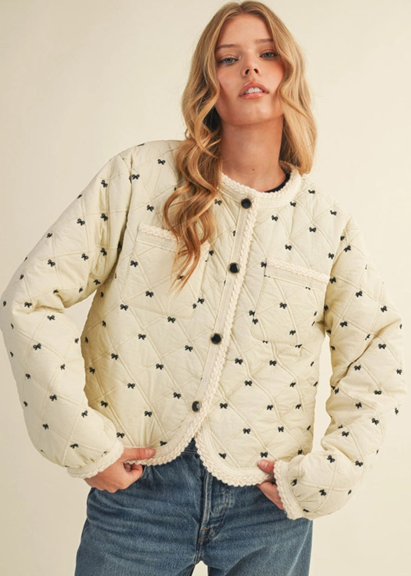 Bow Embroidered Quilted Puff Jacket - Cream