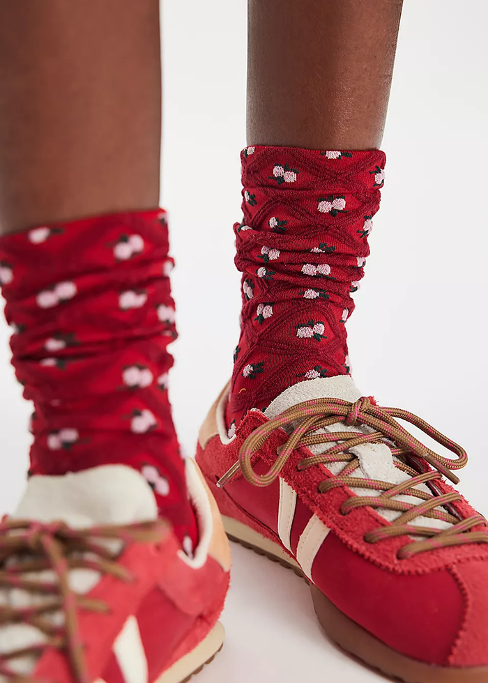 Floral Jacquard Trouser Socks - Red