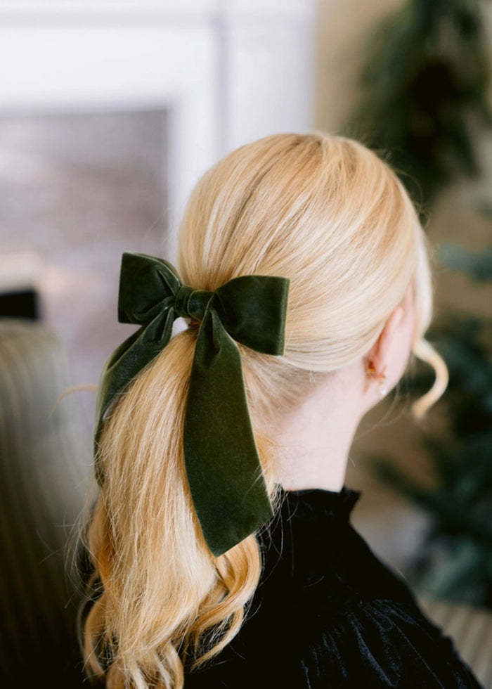 Bailee Large Velvet Bow Barette - Sage