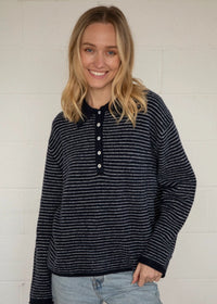 Jace Stripe Knit Polo Pullover - Navy