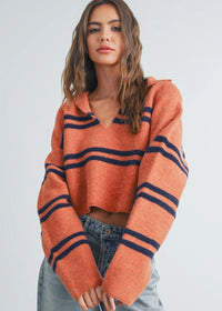 Simone Striped Crop Collar Sweater - Rust & Navy