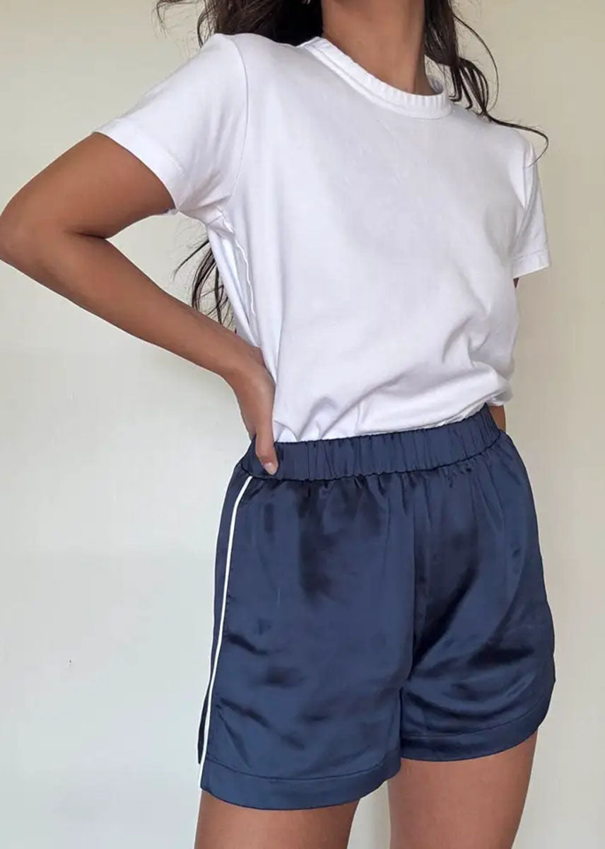 Lucy Satin Stripe Track Shorts - Navy