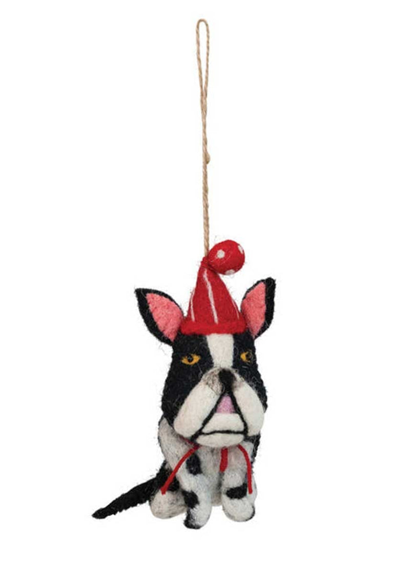 Wool Felt Dog Ornament - Black & White With Hat