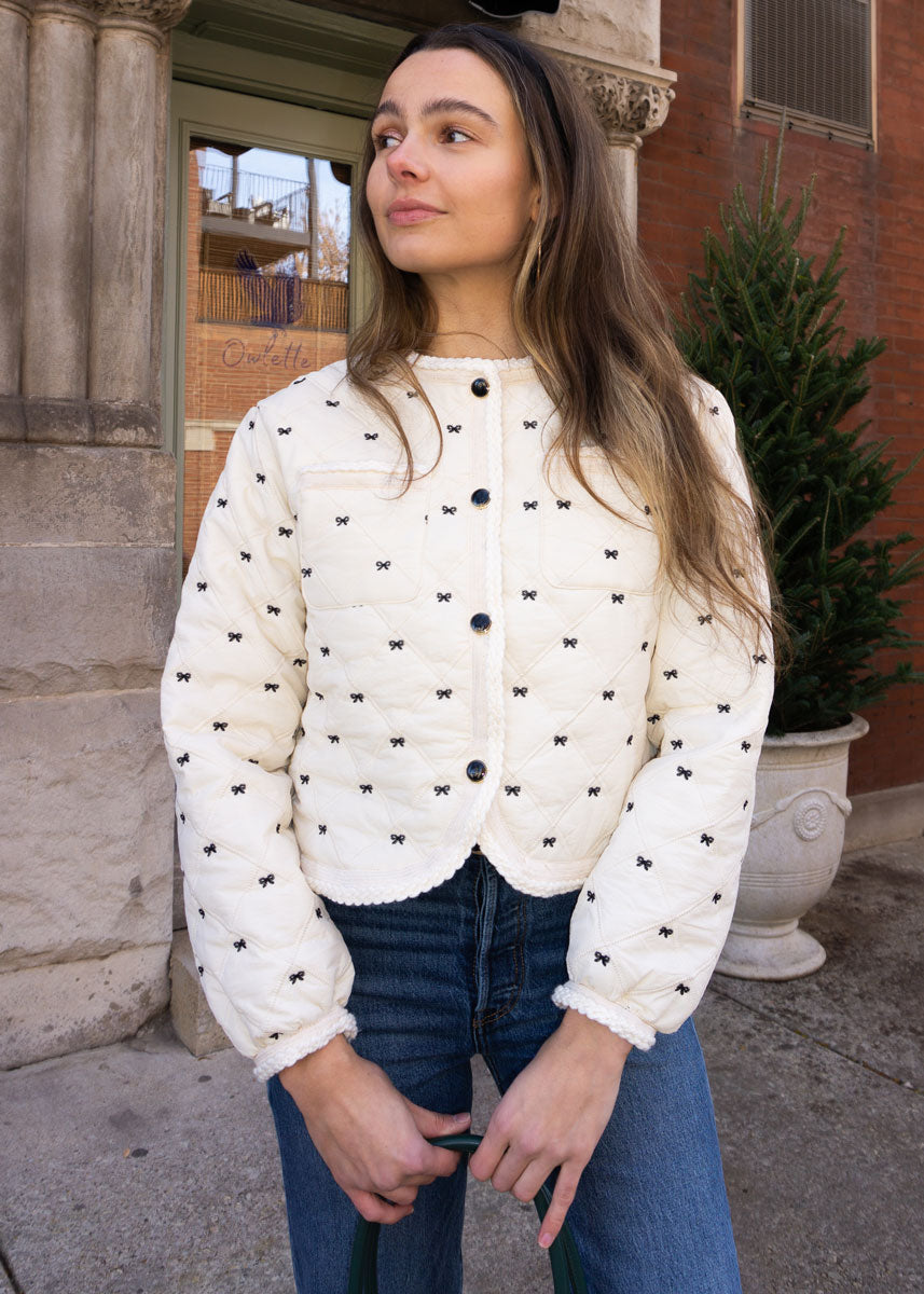 Bow Embroidered Quilted Puff Jacket - Cream