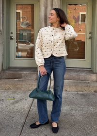 Bow Embroidered Quilted Puff Jacket - Cream